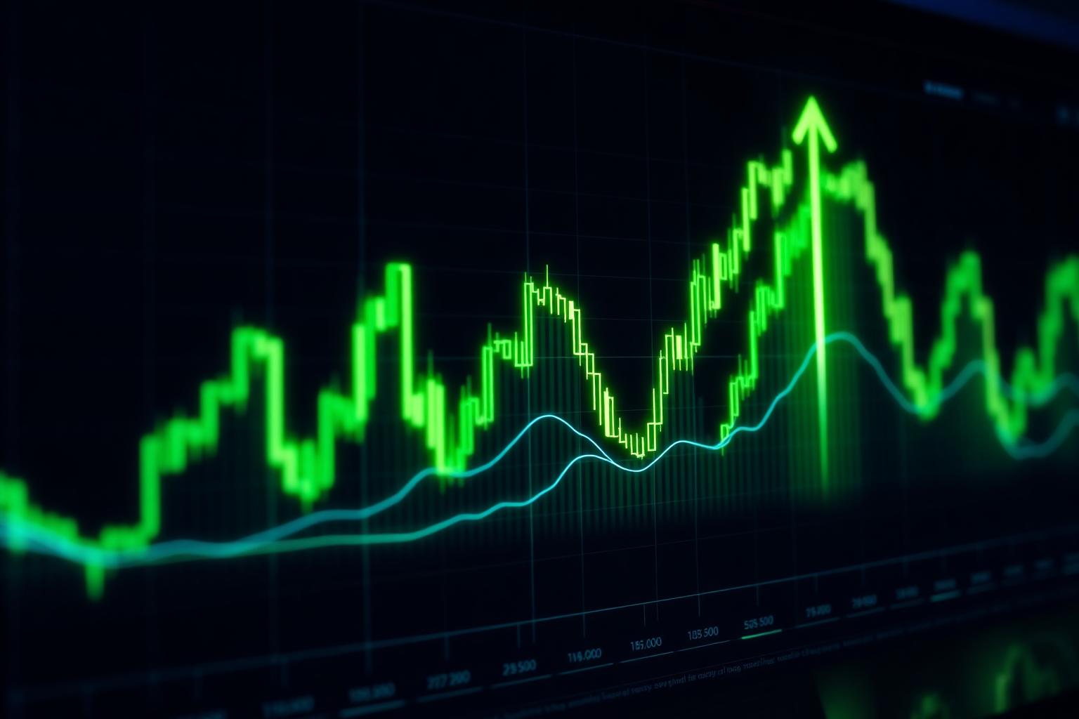 Gráfico de trading con tendencia alcista en verde y azul